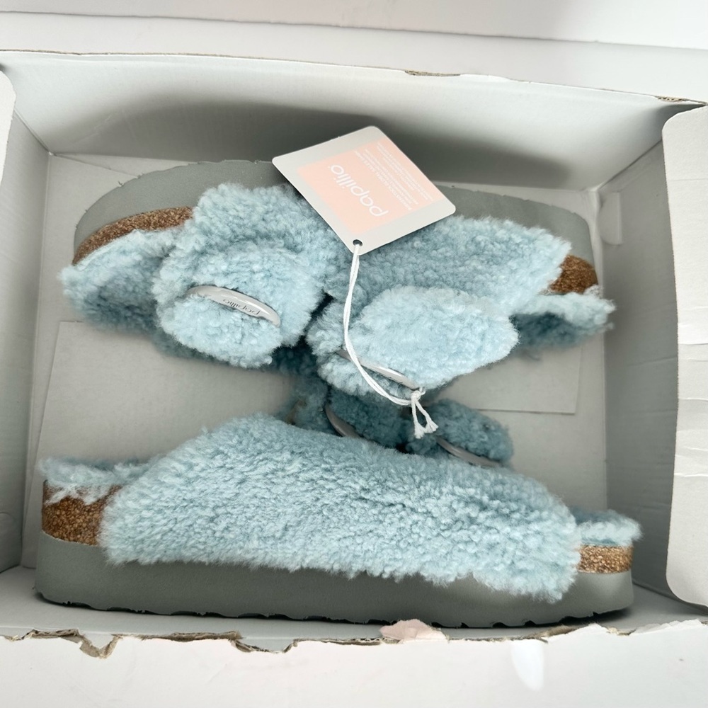 NWT Birkenstock Papillio Arizona Big Buckle Shearling fuzzy sandal blue 38/7 - Picture 8 of 16